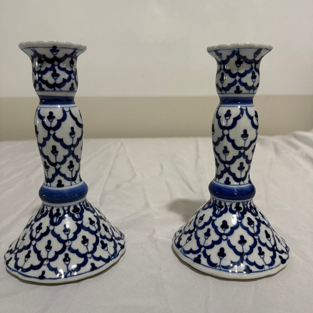 Hand Painted Thailand Blue White Ceramic Candlesticks Pair Candle Holders